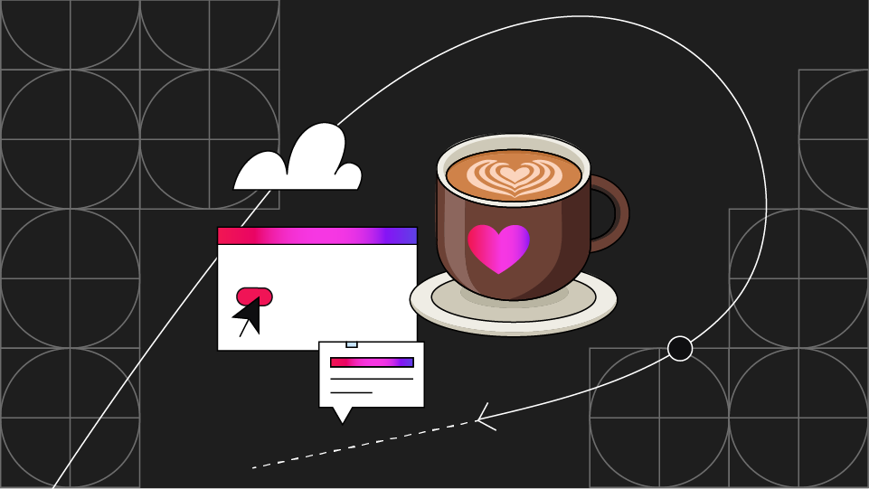 Imagen de una taza de café con una página del navegador web y una interfaz de chat en segundo plano