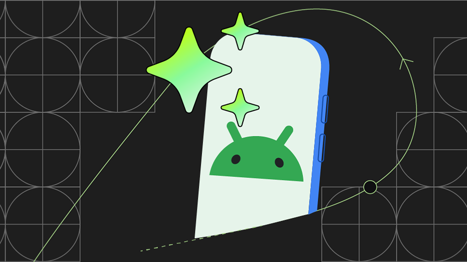 画面に Android ロゴが表示されたスマートフォンと、その周りに浮かぶ星