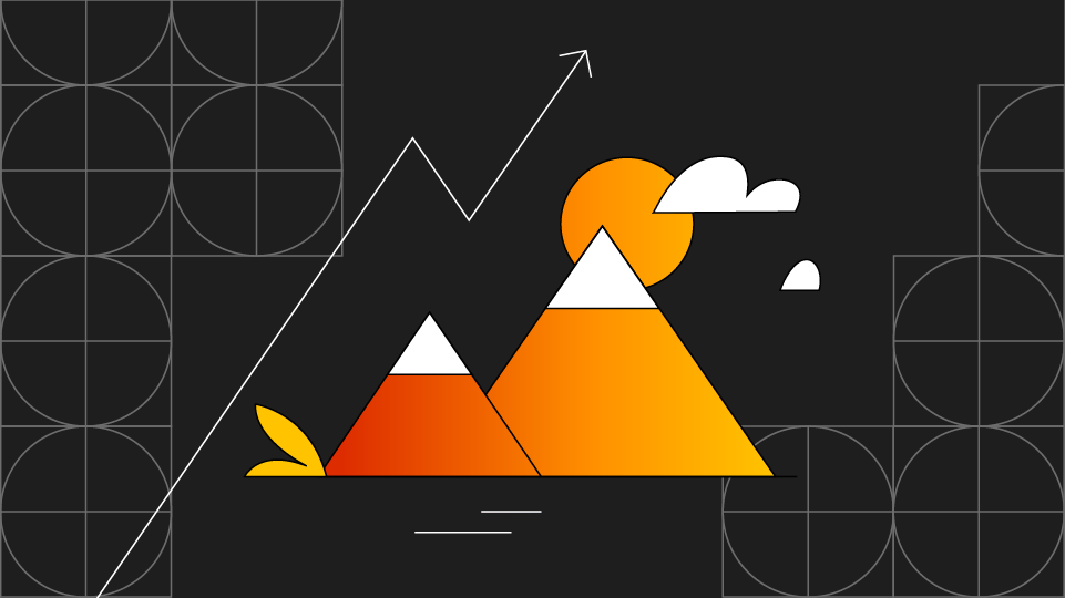 An image of an arrow moving across a landscape with a mountain in the center