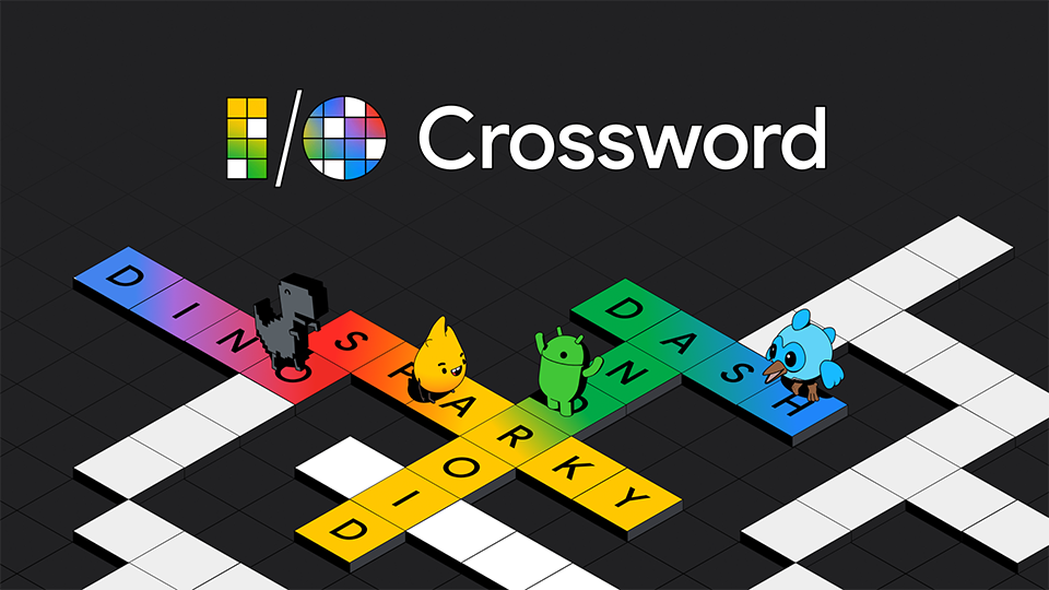 Firebase Sparky, Chrome Dino, Android Robot ve Flutter Dash gibi Google maskotlarının adlarının yer aldığı, siyah arka plan üzerinde kelimelerden oluşan bulmaca