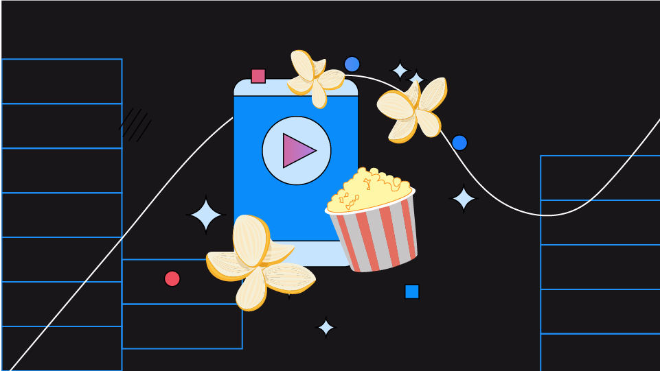 Smartphone affichant un bouton de lecture, entouré d'un paquet de pop-corn et de pétales de fleurs stylisés