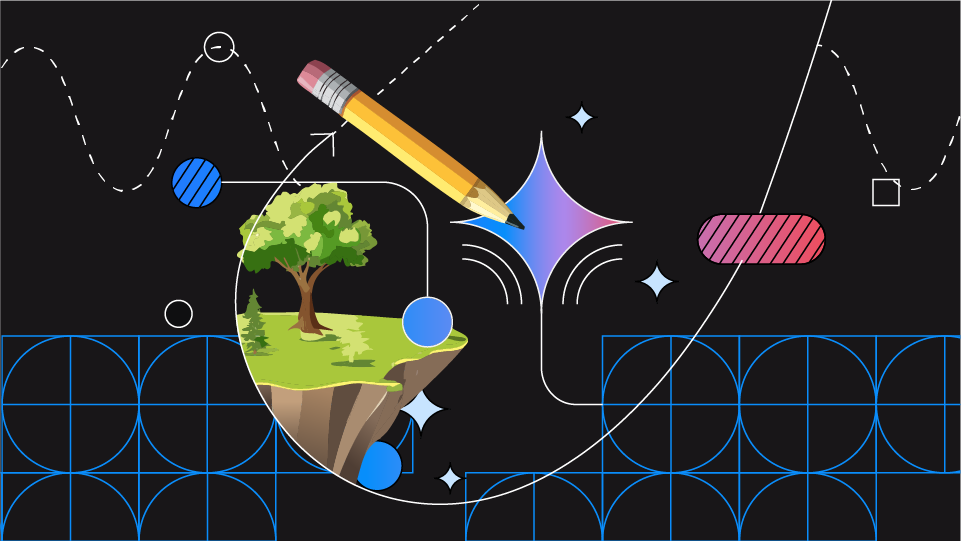 एक पेंसिल और तैरते हुए टापू पर बने पेड़ का स्टाइलिश लैंडस्केप.