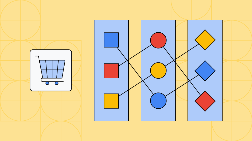 blue shopping cart and an array of circles and squares connected by a series of lines