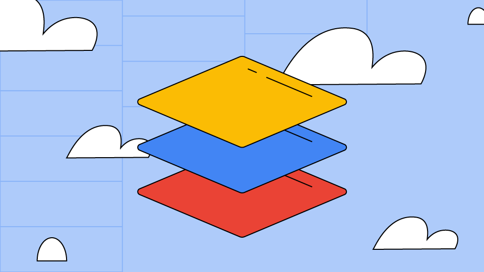 Một hình vuông màu vàng, một hình vuông màu xanh dương và một hình vuông lại lơ lửng đứng yên trên bầu trời xanh với những đám mây trắng