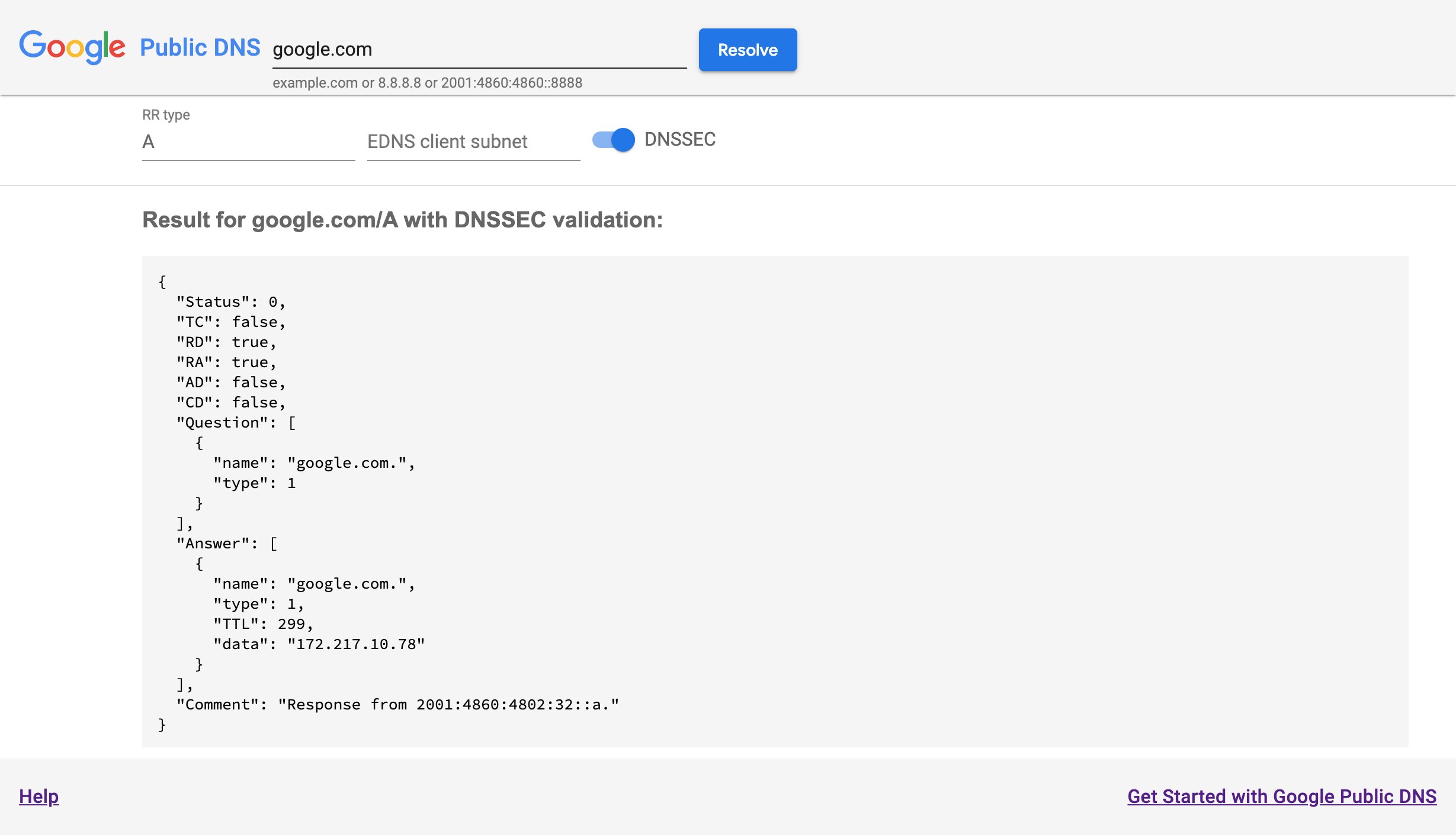 Page d'informations sur le DNS public de Google