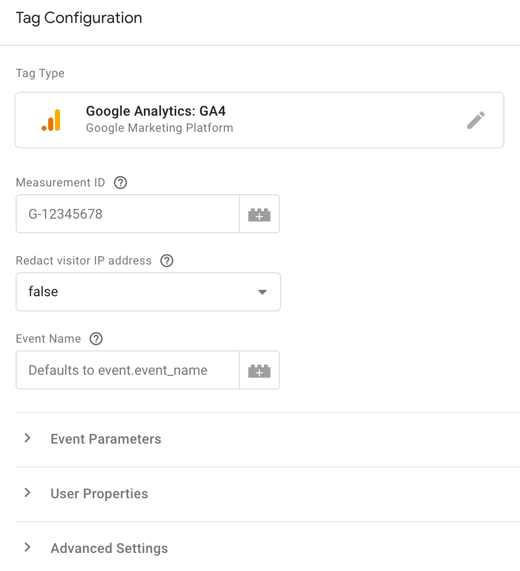 Скриншот окна со стандартными настройками тега GA4