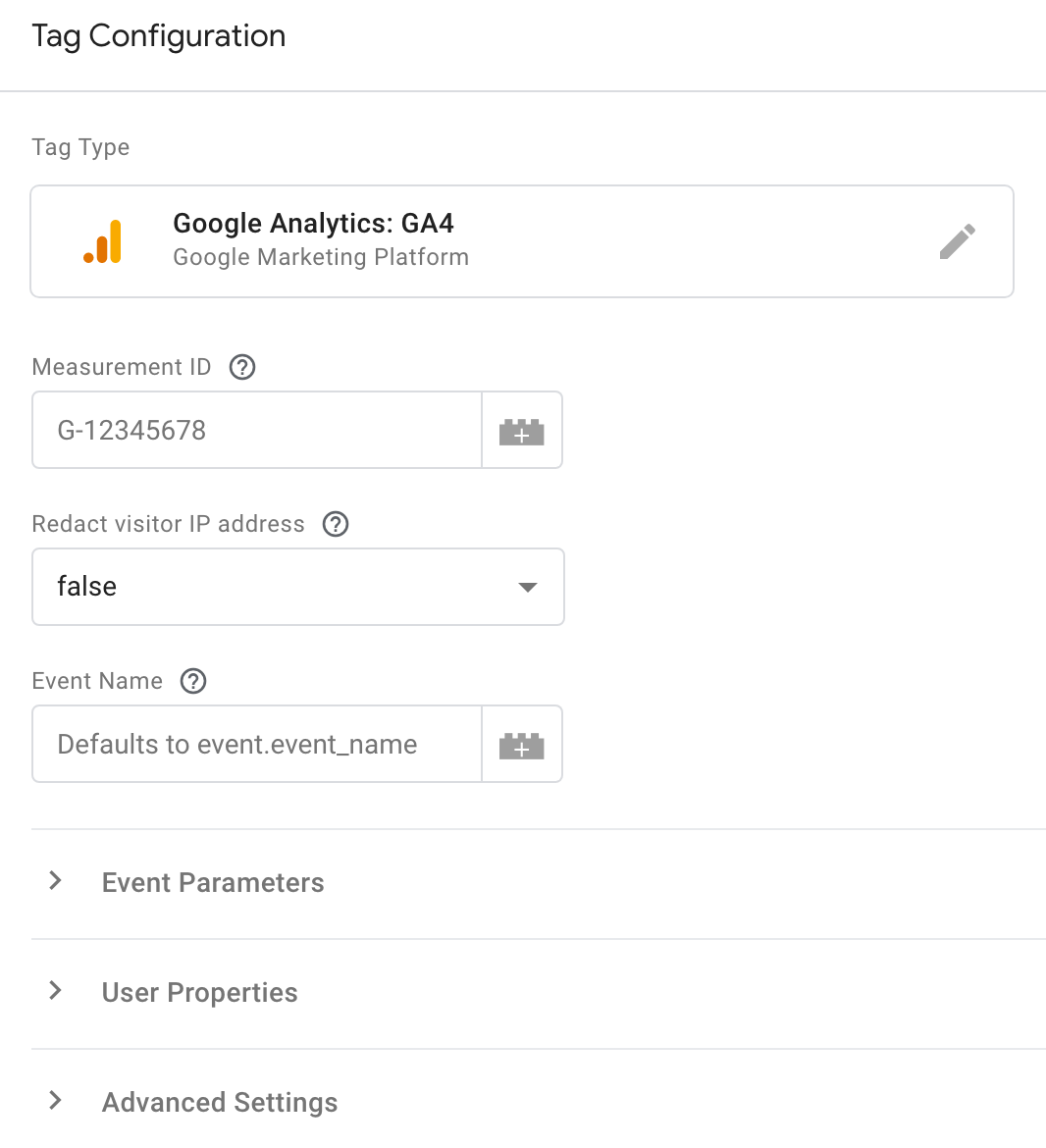 Screenshot of the default Google Analytics tag settings