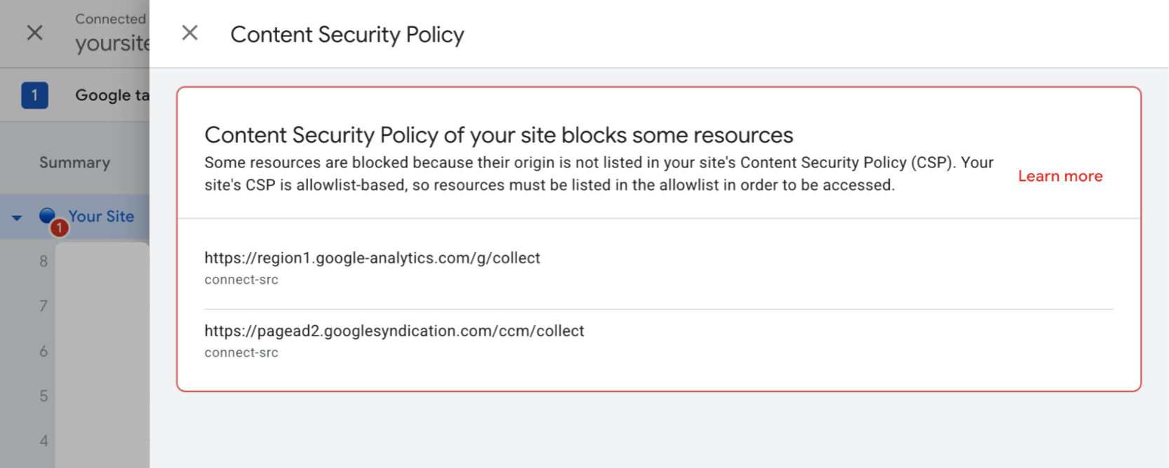Zrzut ekranu rozszerzenia Tag Assistant pokazujący suwak problemu z zasadami CSP