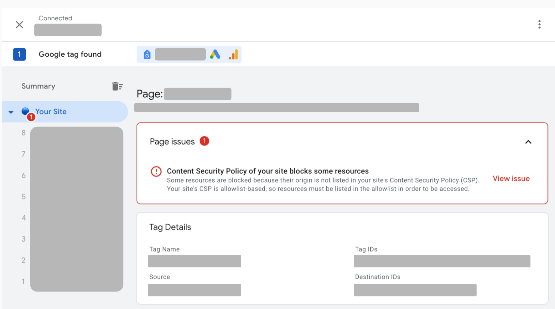 Captura de pantalla de Tag Assistant que muestra un problema de CSP