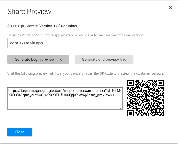 Las URLs de vista previa están disponibles en la ventana de vista previa de la interfaz web de Tag Manager.