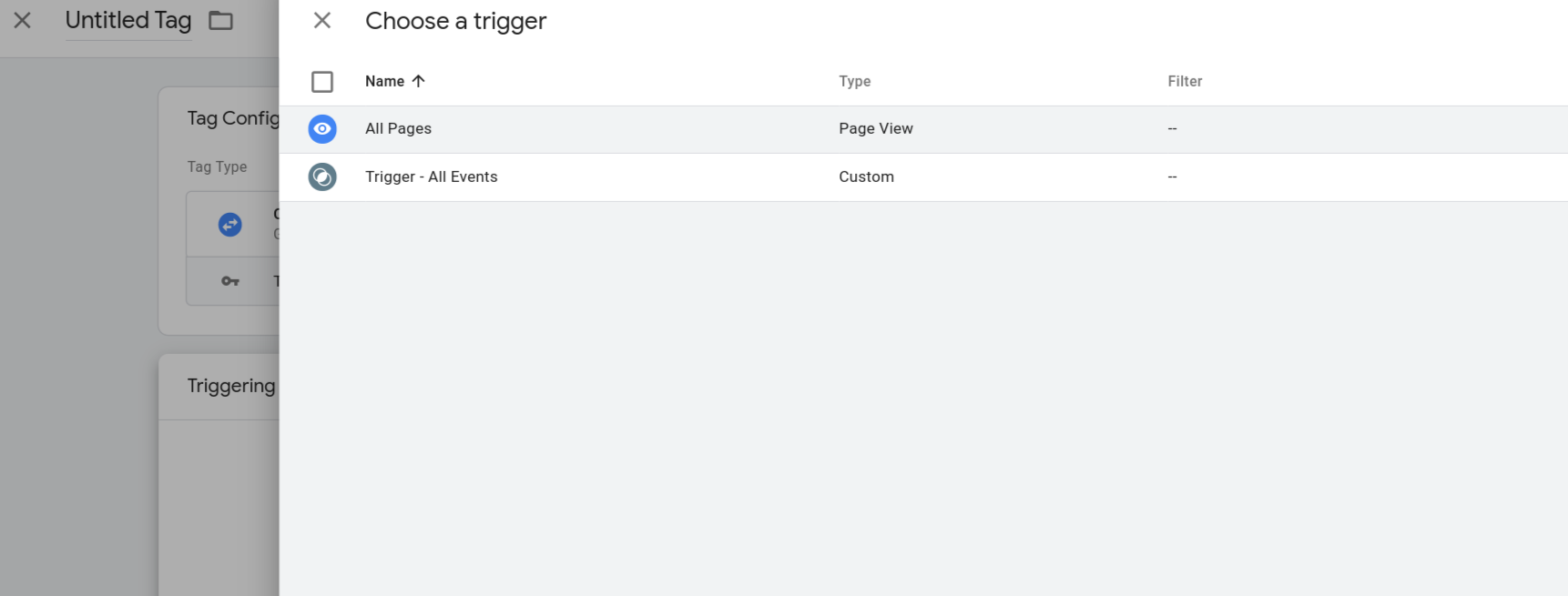 Choose trigger dialog with All pages trigger highlighted