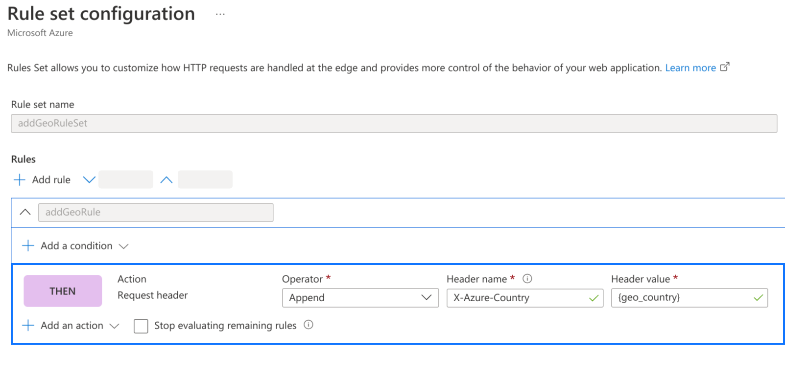 Azure सामने के दरवाज़े के कॉन्फ़िगरेशन का स्क्रीनशॉट