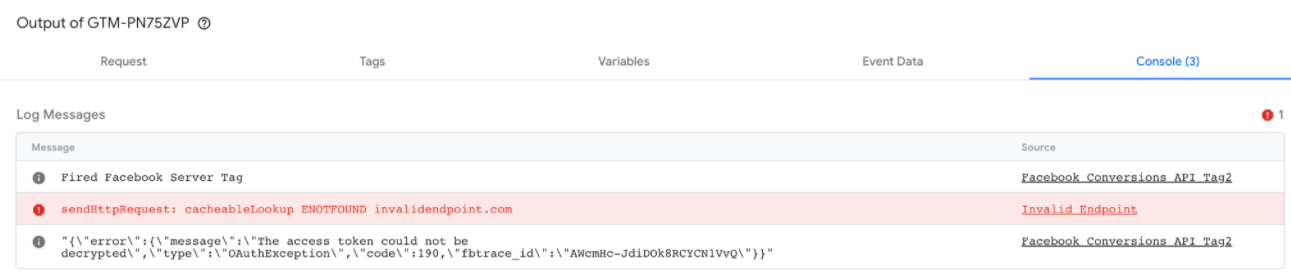 Capture d&#39;écran montrant la console Tag Manager