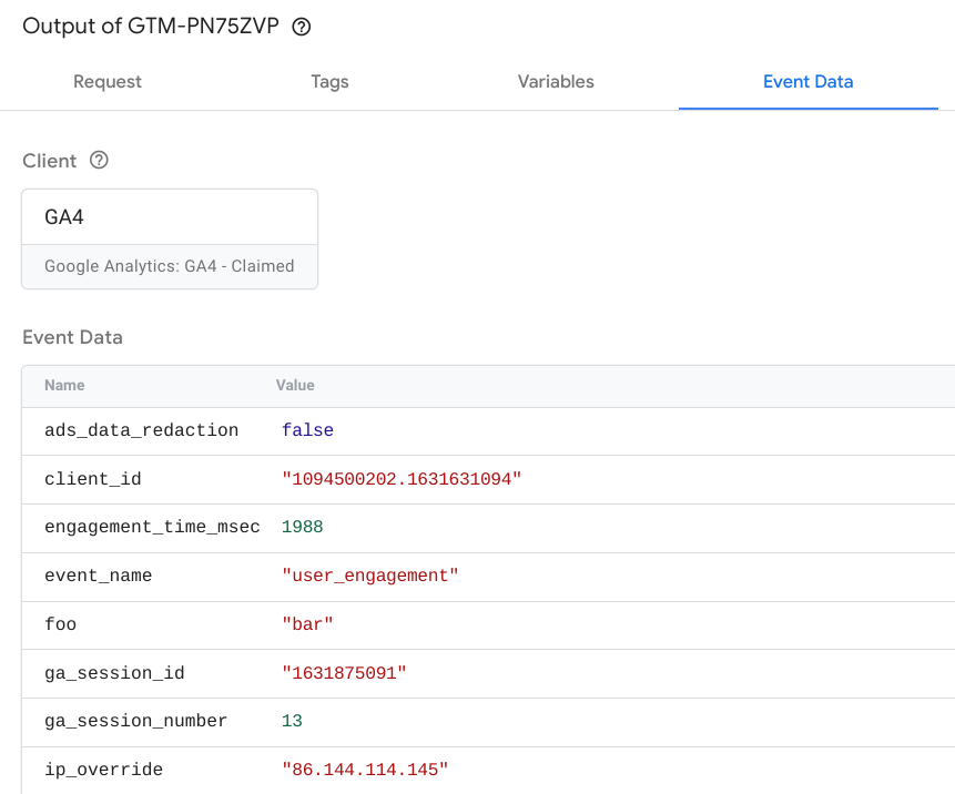 ภาพหน้าจอแสดงแท็บข้อมูลเหตุการณ์ใน Tag Manager