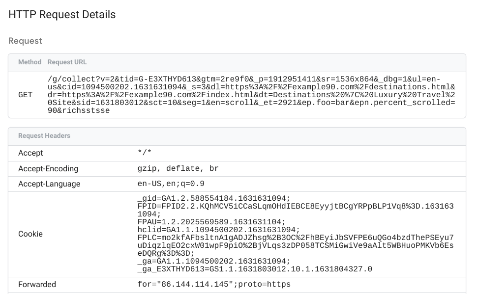 Capture d&#39;écran montrant les détails d&#39;une requête entrante Tag Manager