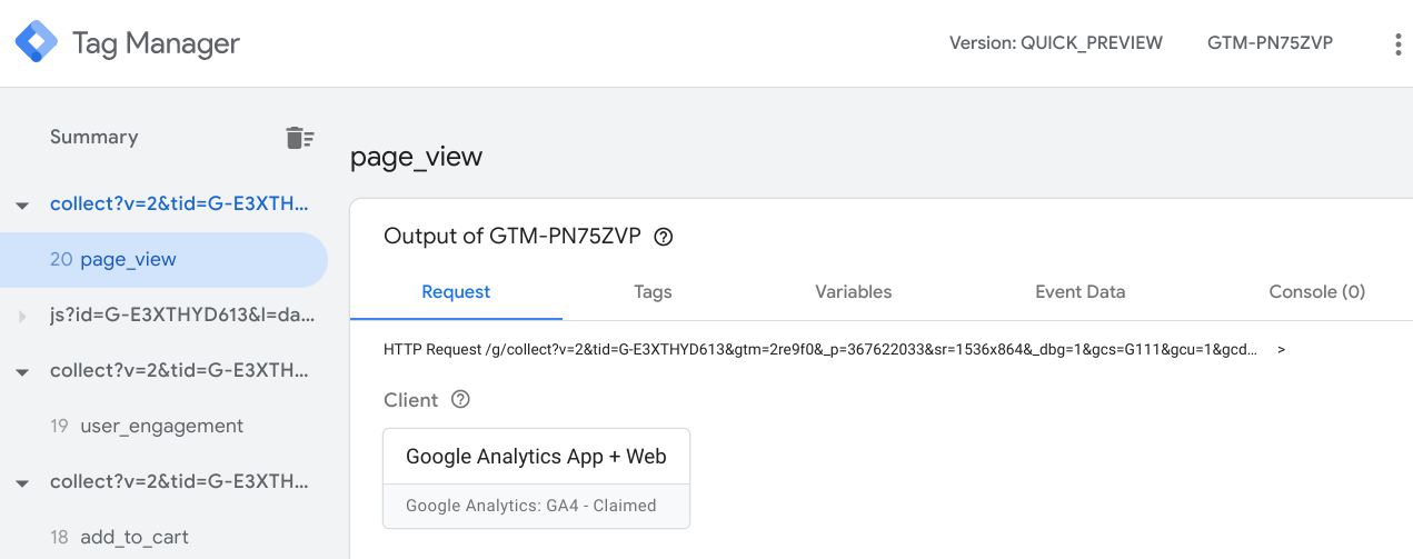 Capture d&#39;écran montrant Tag Manager en mode Aperçu