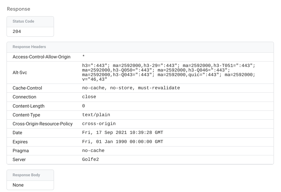 Capture d&#39;écran montrant les détails d&#39;une réponse sortante Tag Manager