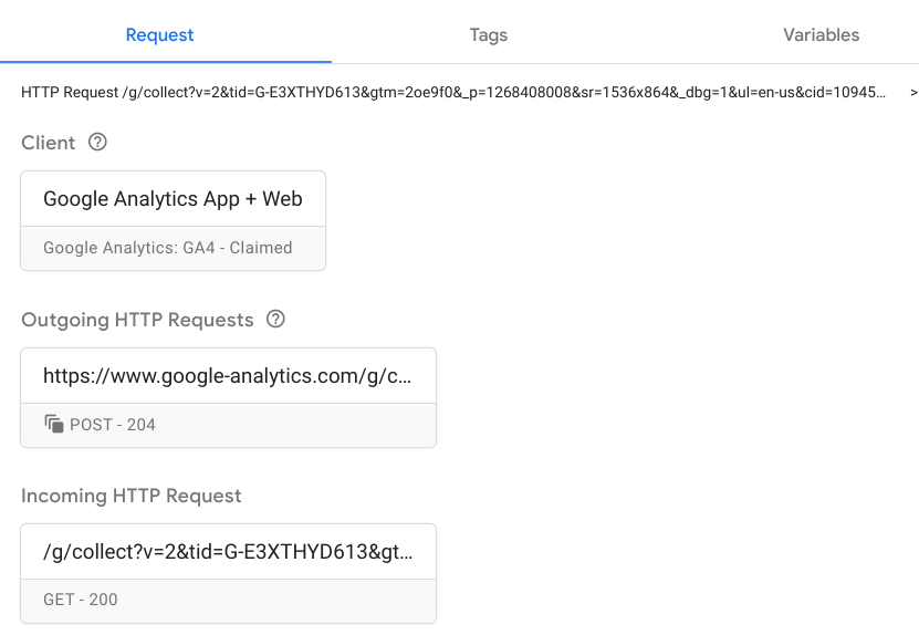 ภาพหน้าจอแสดงแท็บคำขอของ Tag Manager