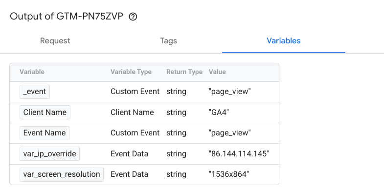 ภาพหน้าจอแสดงแท็บตัวแปร Tag Manager