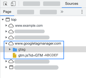Screenshot of the developer tools with www.googletagmanager.com as the source for Google scripts