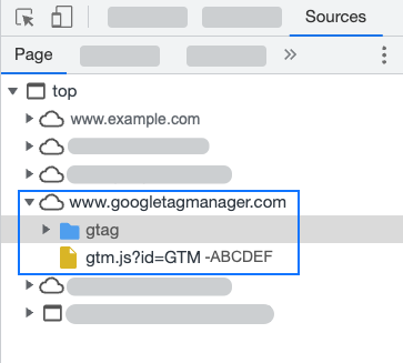 Screenshot alat developer dengan www.googletagmanager.com sebagai sumber untuk skrip Google