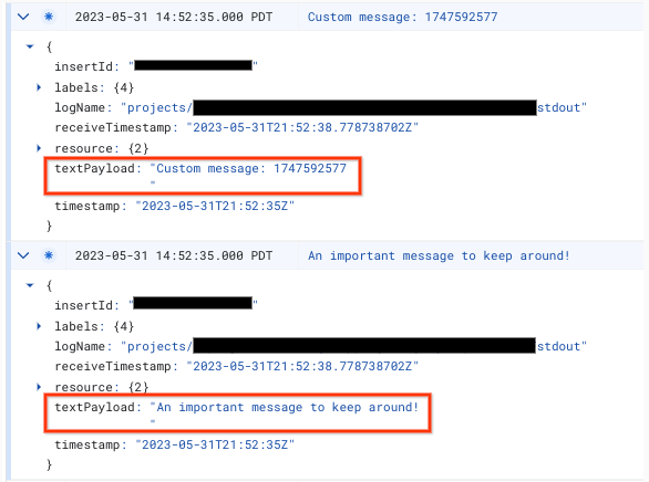 ภาพหน้าจอของ GCP Logging Explorer ที่แสดงตัวอย่าง
บันทึก