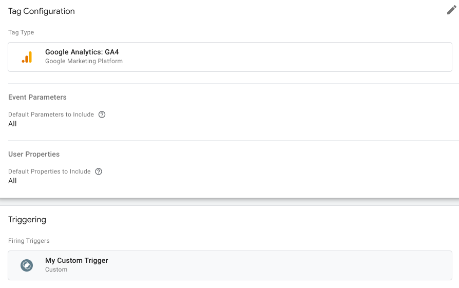 Image showing the GA4 tag after setting up a trigger