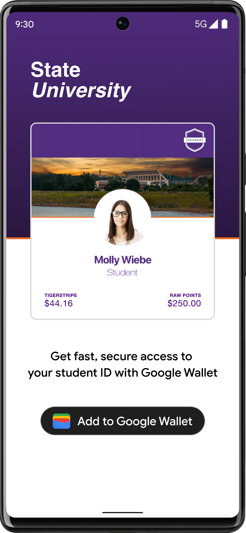 Bouton &quot;Ajouter à Google Wallet&quot; bien visible dans l&#39;application du compte étudiant.