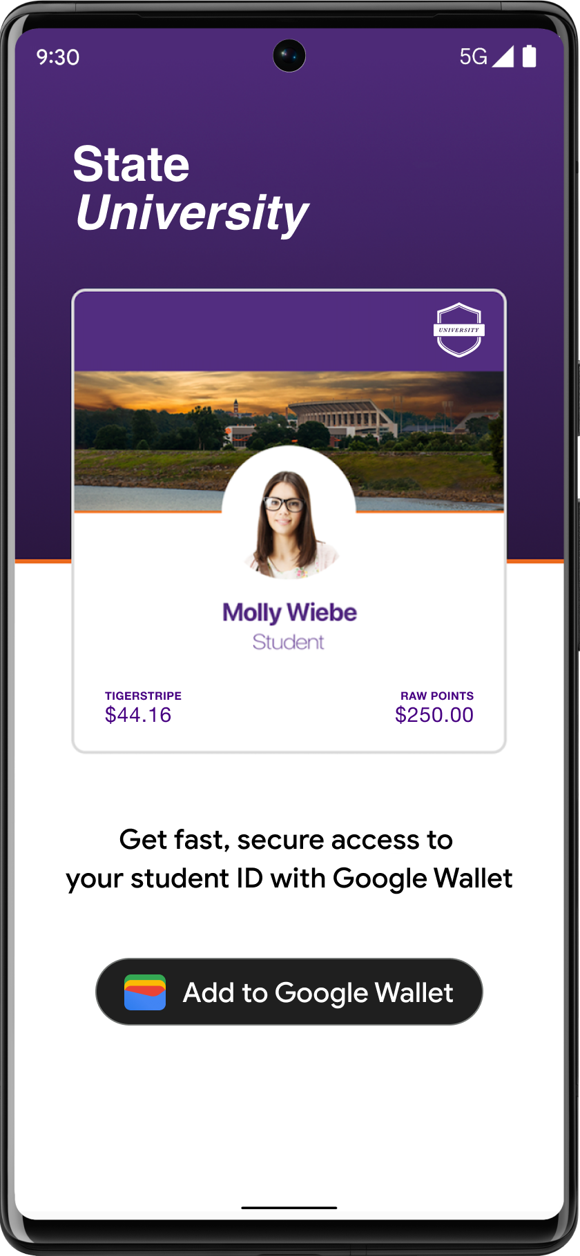 Tombol Tambahkan ke Google Wallet yang ditempatkan secara jelas di aplikasi akun
       siswa.