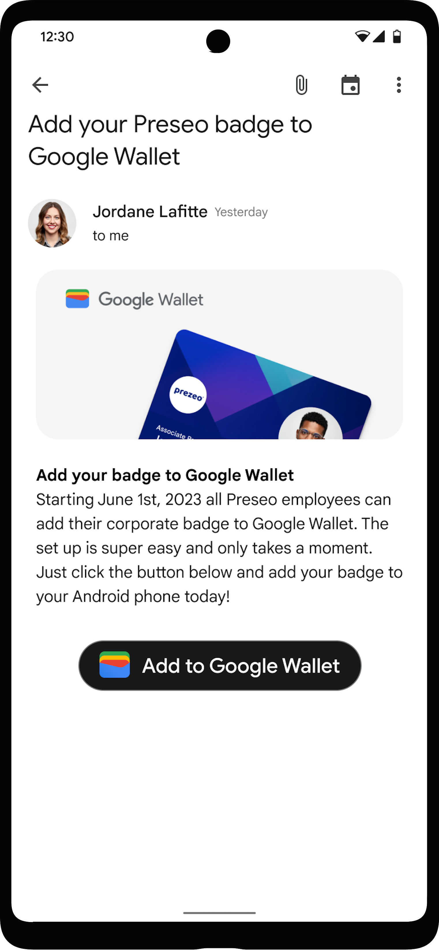 「新增至 Google 錢包」按鈕位於使用者帳戶應用程式中的顯眼位置。