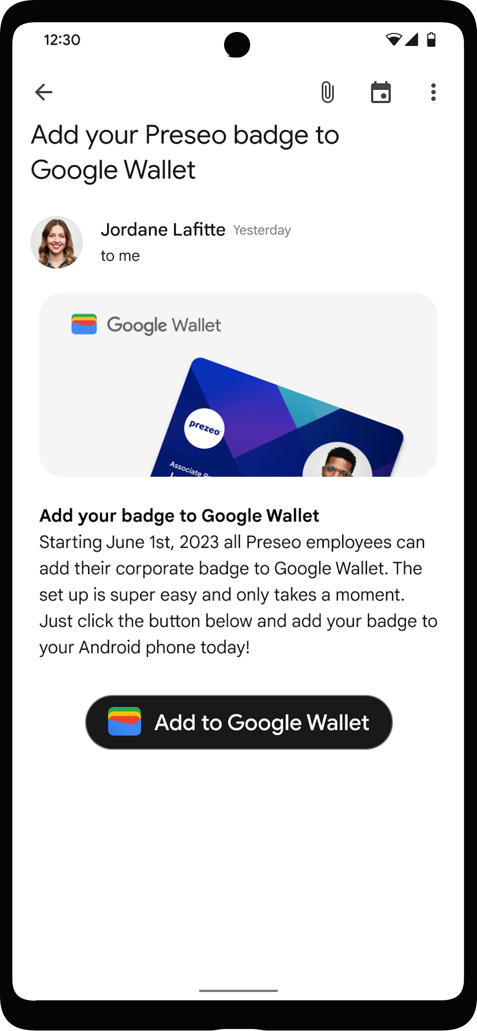 Die Schaltfläche „Zu Google Wallet hinzufügen“ ist im Nutzer gut sichtbar platziert
  Konto-App.