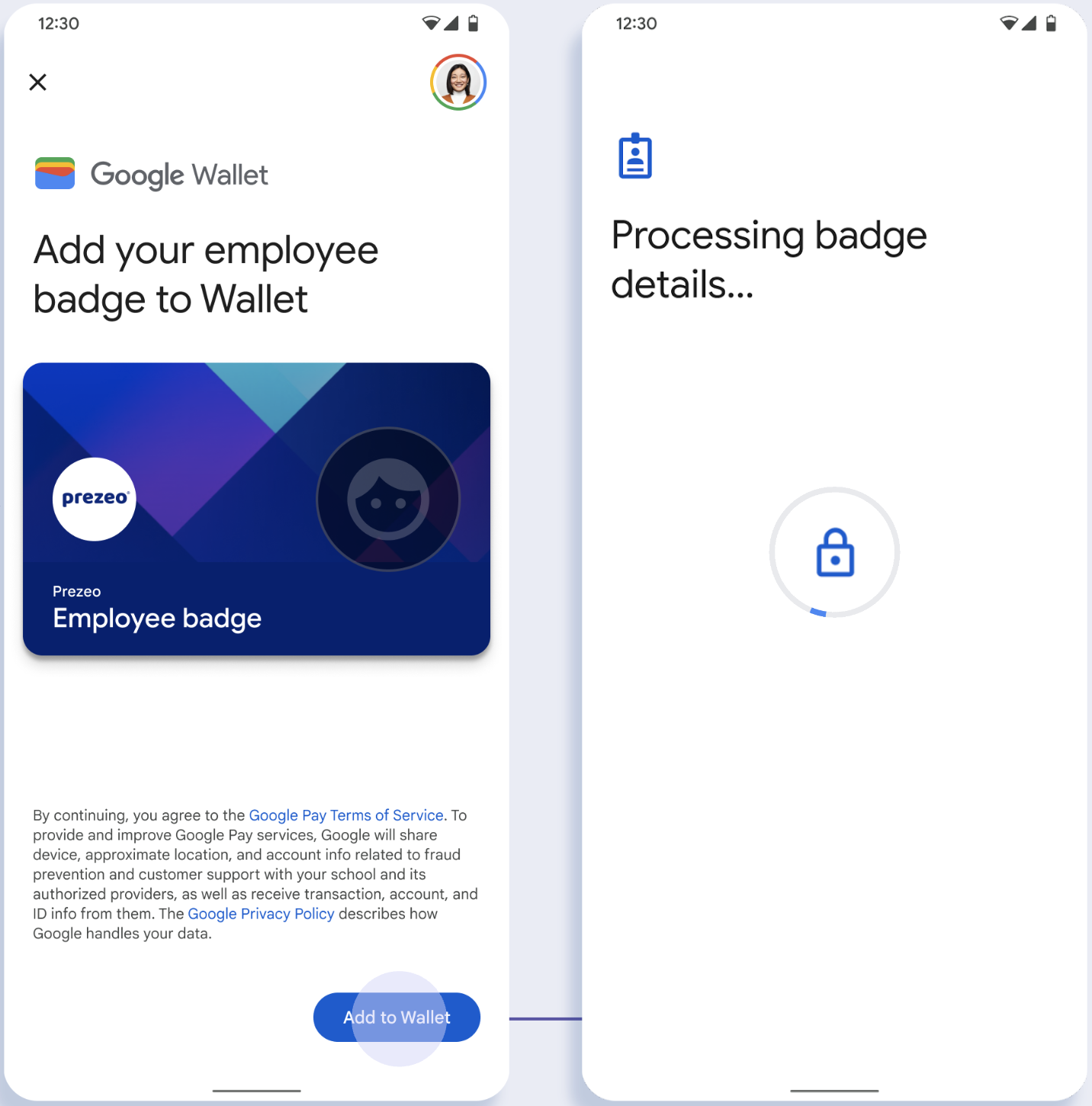 En la primera pantalla, la app se conecta con la Billetera de Google. En la segunda pantalla, el usuario acepta las Condiciones del Servicio y continúa.
