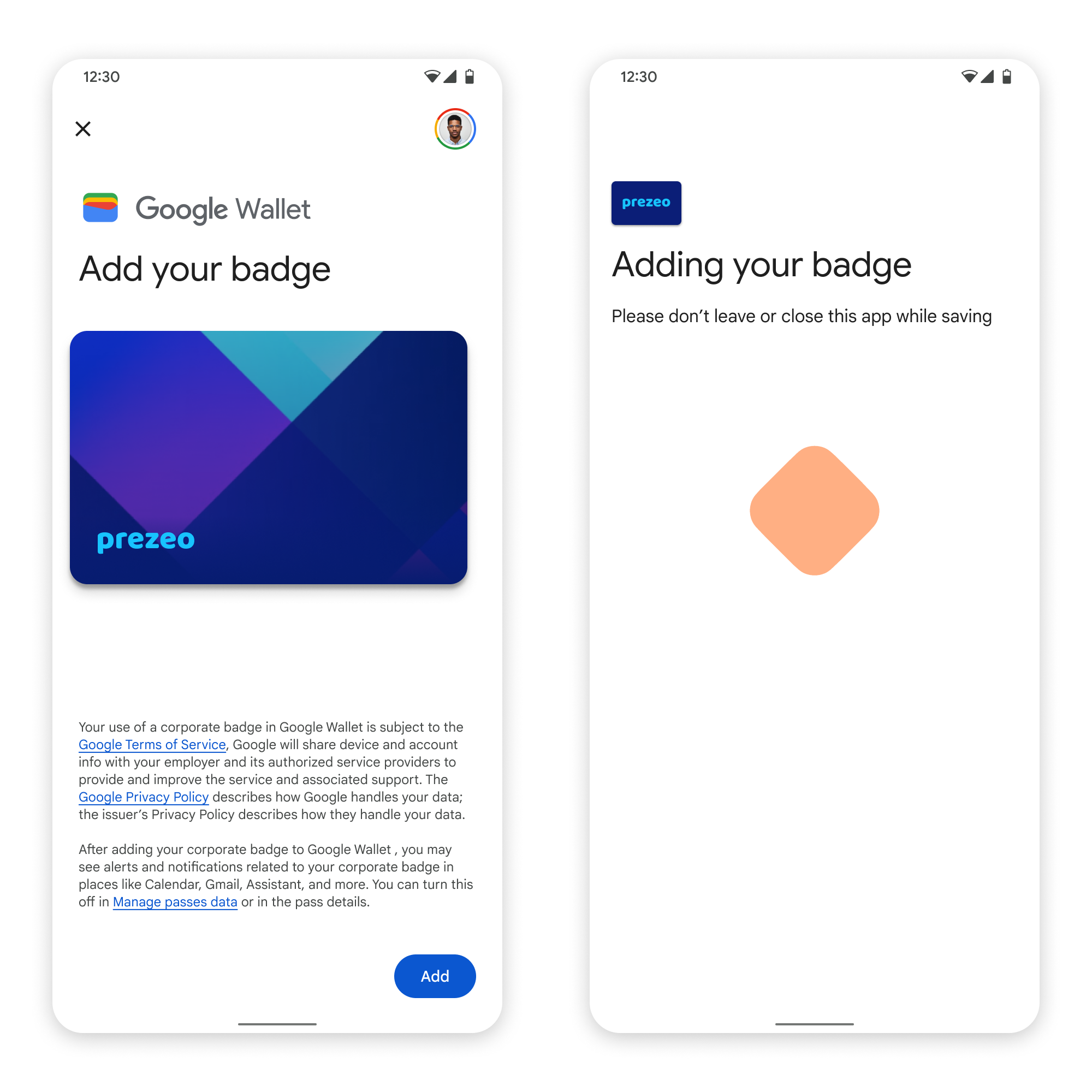 在第一个界面中，应用会连接到 Google 钱包。在第二个界面中，用户接受服务条款并继续。