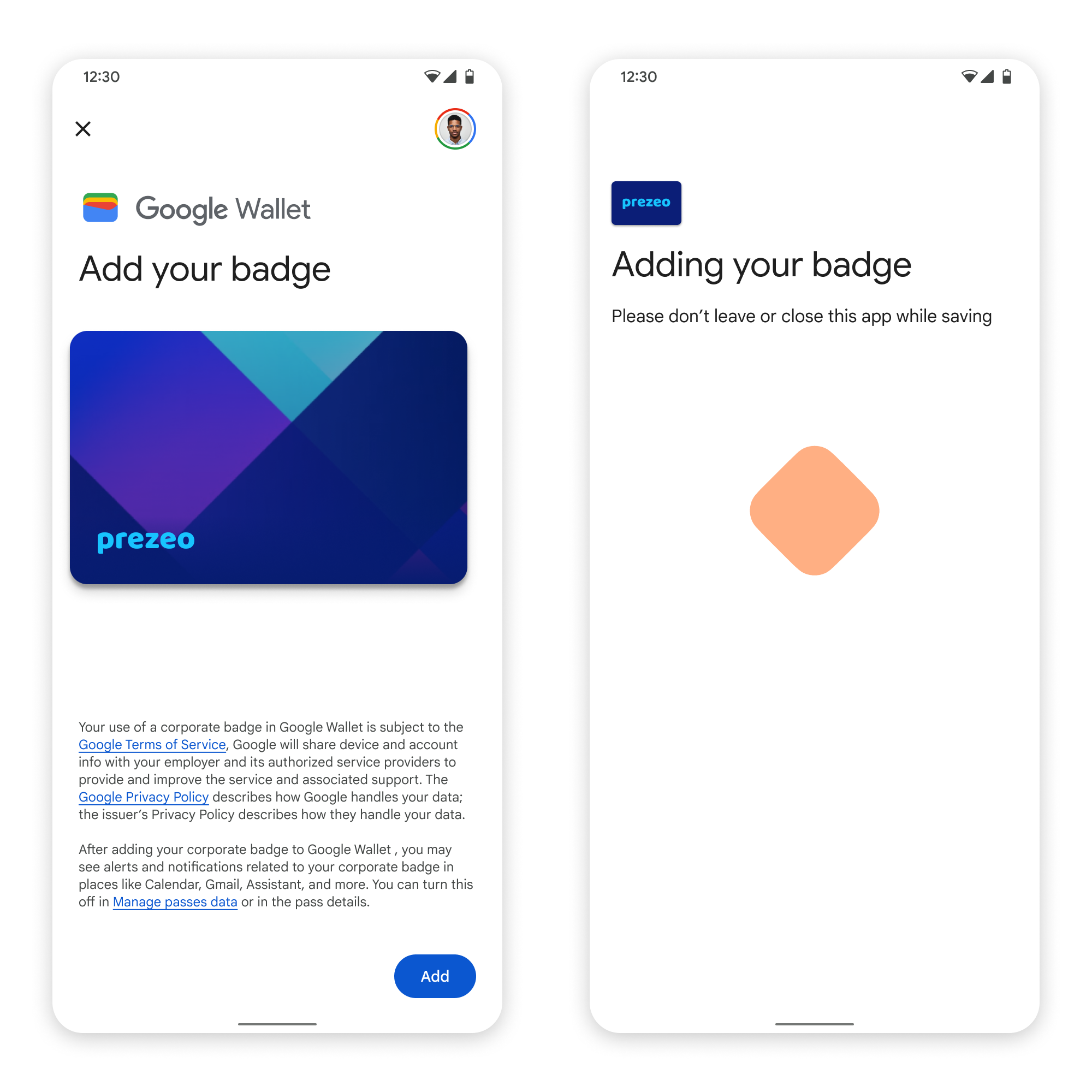 Di layar pertama, aplikasi terhubung ke Google Wallet. Di beberapa
       layar kedua, pengguna menyetujui Persyaratan Layanan dan melanjutkan.