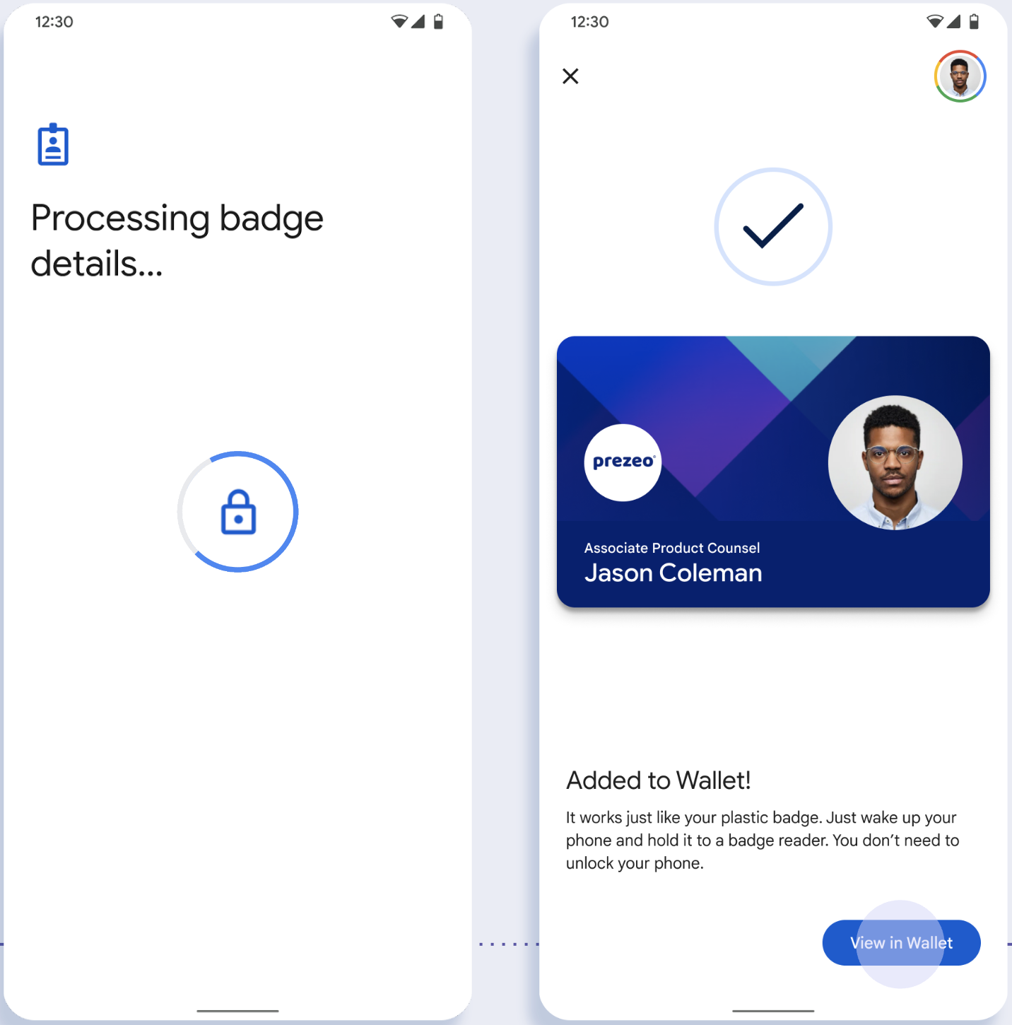 En la primera pantalla, la app guarda el ID en el teléfono del usuario. En la segunda pantalla, se guarda el ID y aparece un mensaje de éxito.