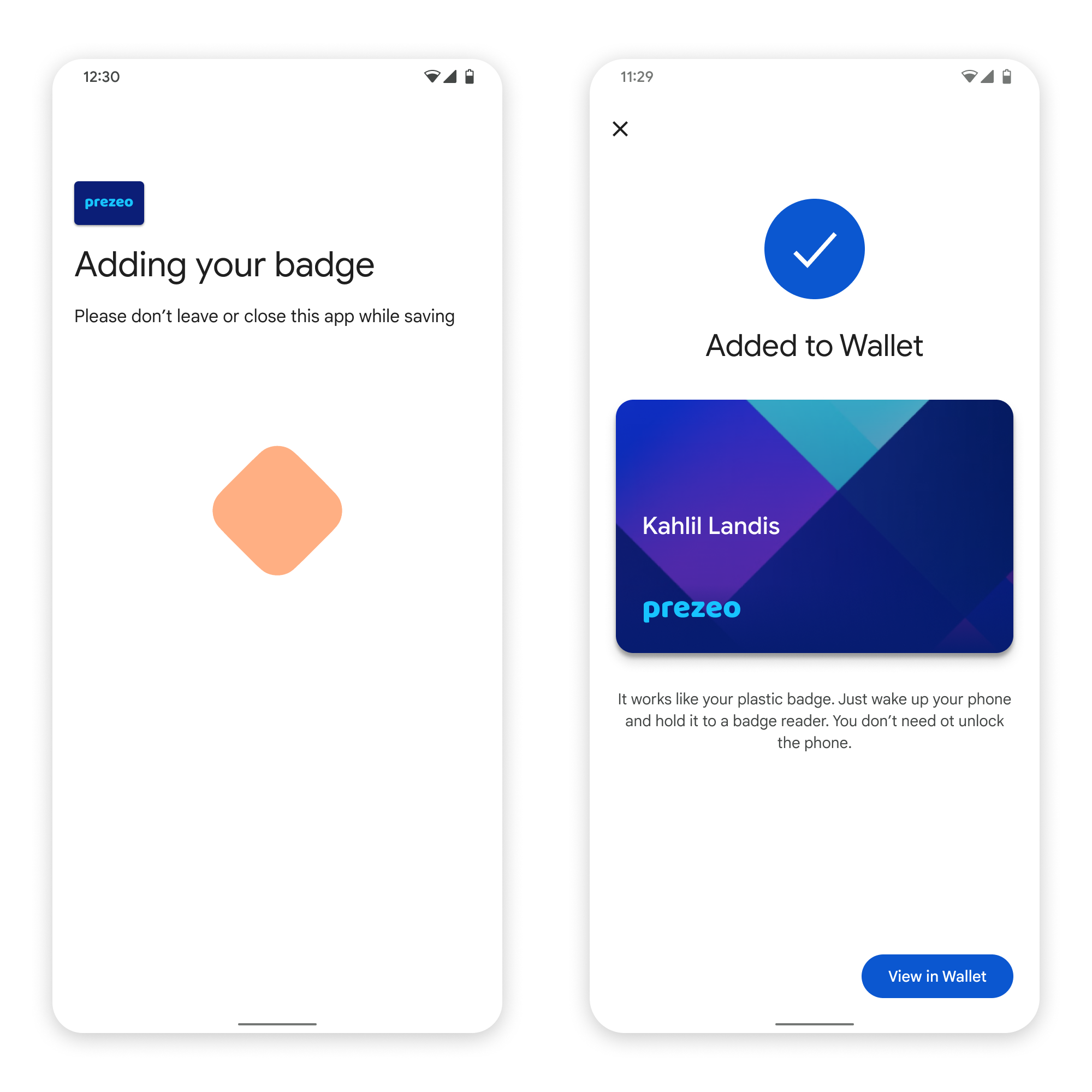ในหน้าจอแรก แอปจะบันทึกรหัสลงในโทรศัพท์ของผู้ใช้ ใน
            หน้าจอที่ 2 ระบบจะบันทึกบัตรประจำตัวและข้อความแสดงความสำเร็จจะปรากฏขึ้น