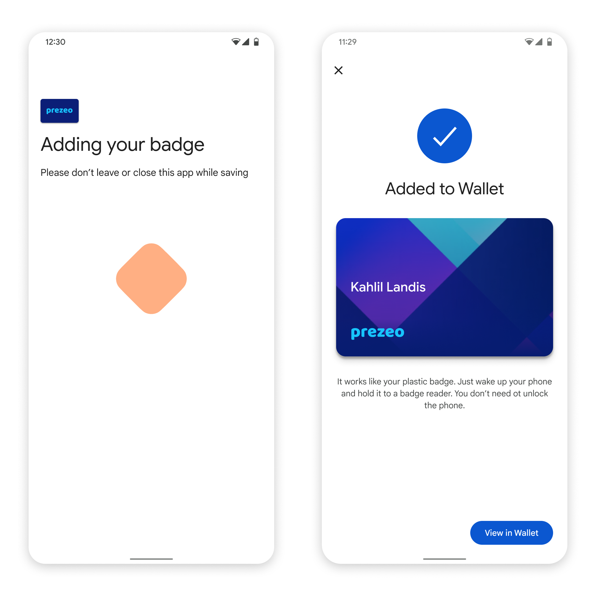 Na primeira tela, o app salva o ID no smartphone do usuário. Na
            segunda tela, o ID é salvo e uma mensagem de êxito é mostrada.