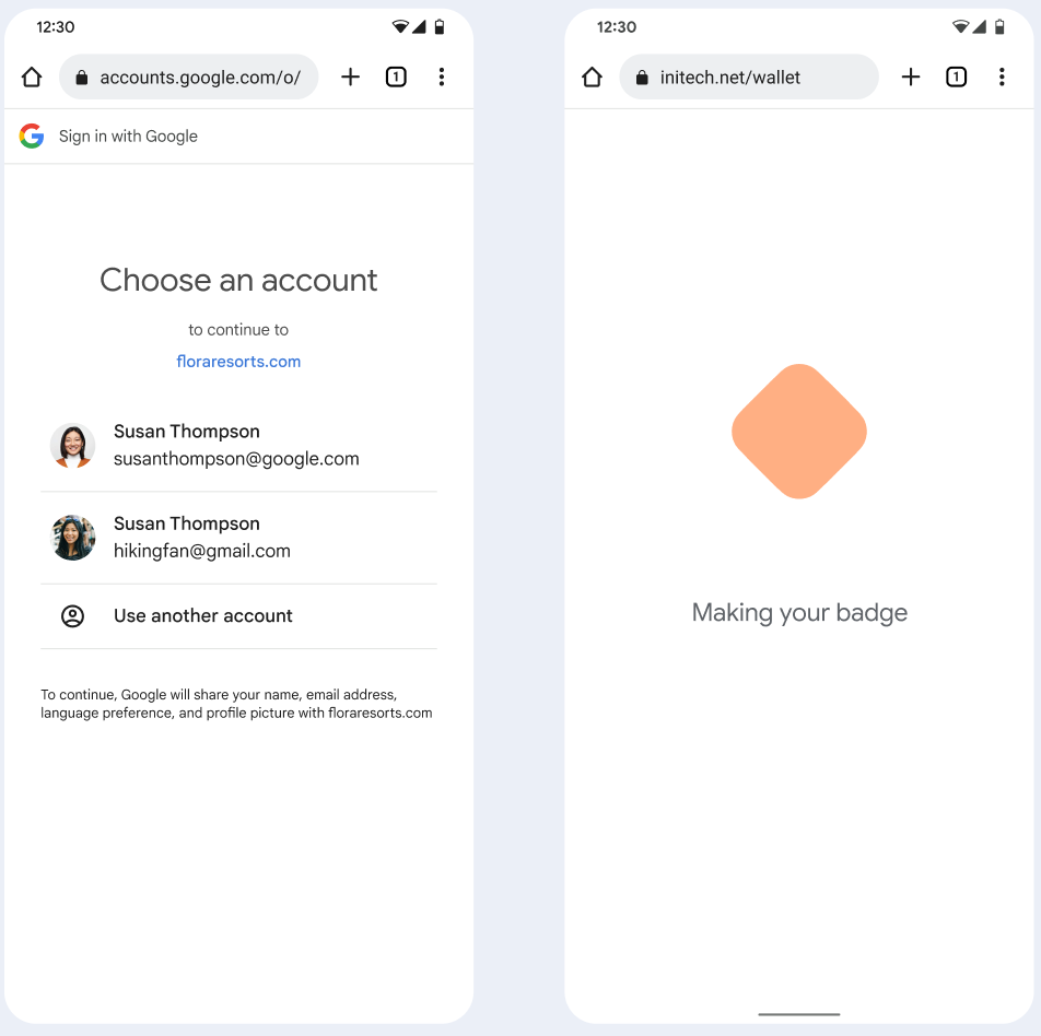在第一個畫面中，使用者會選擇要連結至公司徽章的 Google 帳戶。在第二個畫面中，使用者會看到載入畫面。