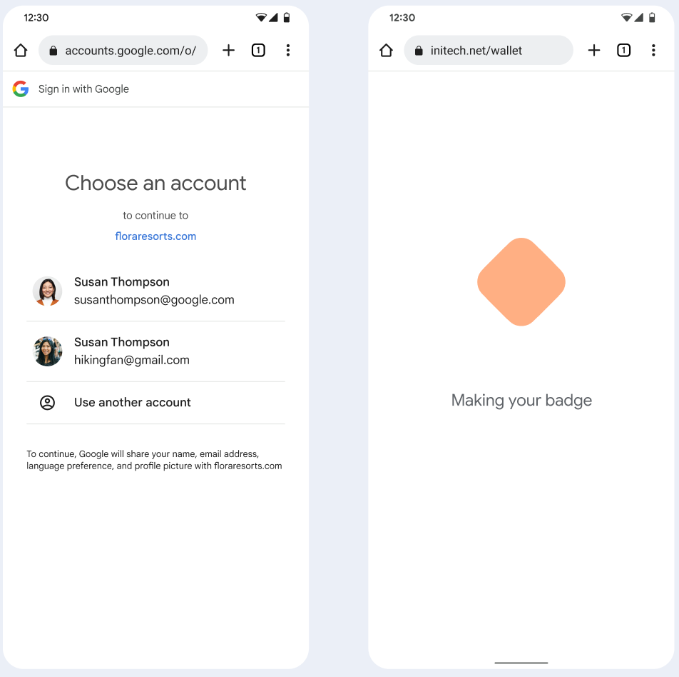 在第一個畫面中，使用者選擇要連結至公司識別證的 Google 帳戶。第二個畫面會顯示載入畫面。