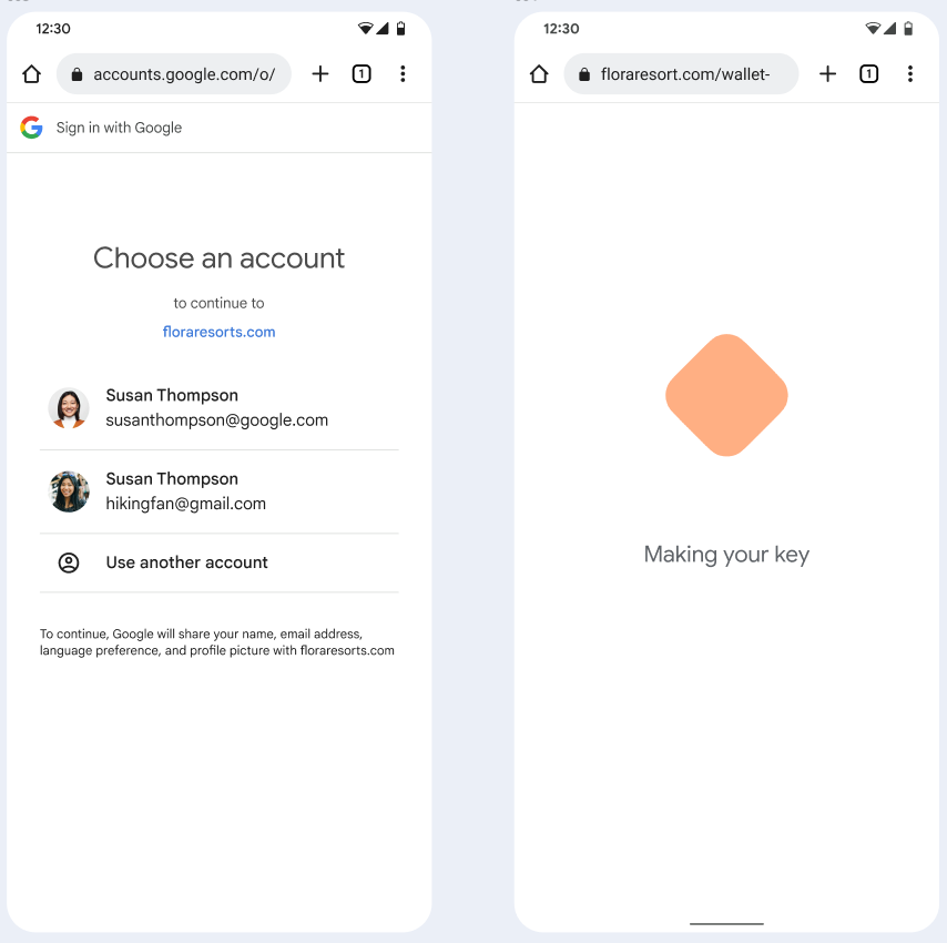 In the first screen, the user chooses a Google Account to link to
      their Hotel Key. In the second screen, the user is shown a
      loading screen.