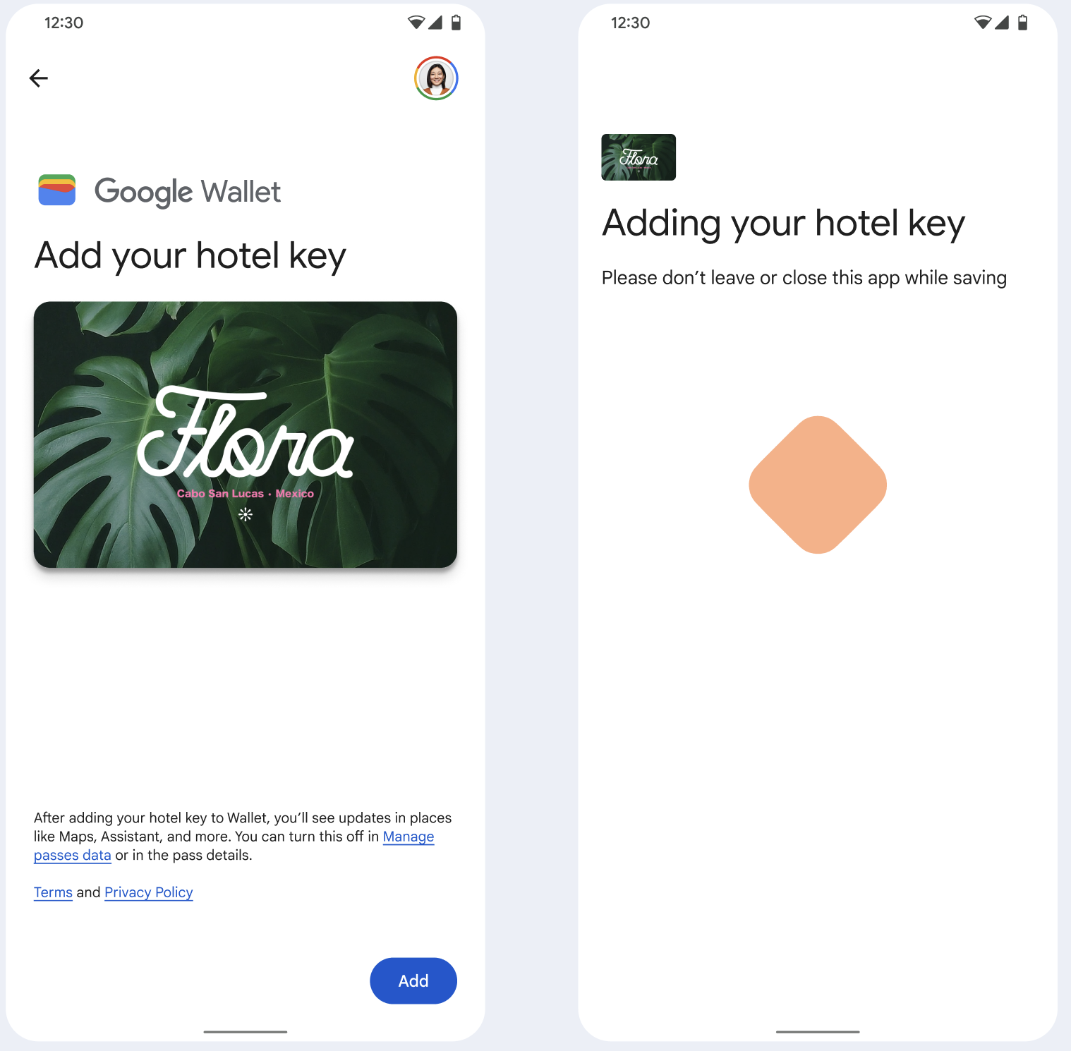 在第一个界面中，应用会连接到 Google 钱包。在第二个界面中，用户接受服务条款并继续。