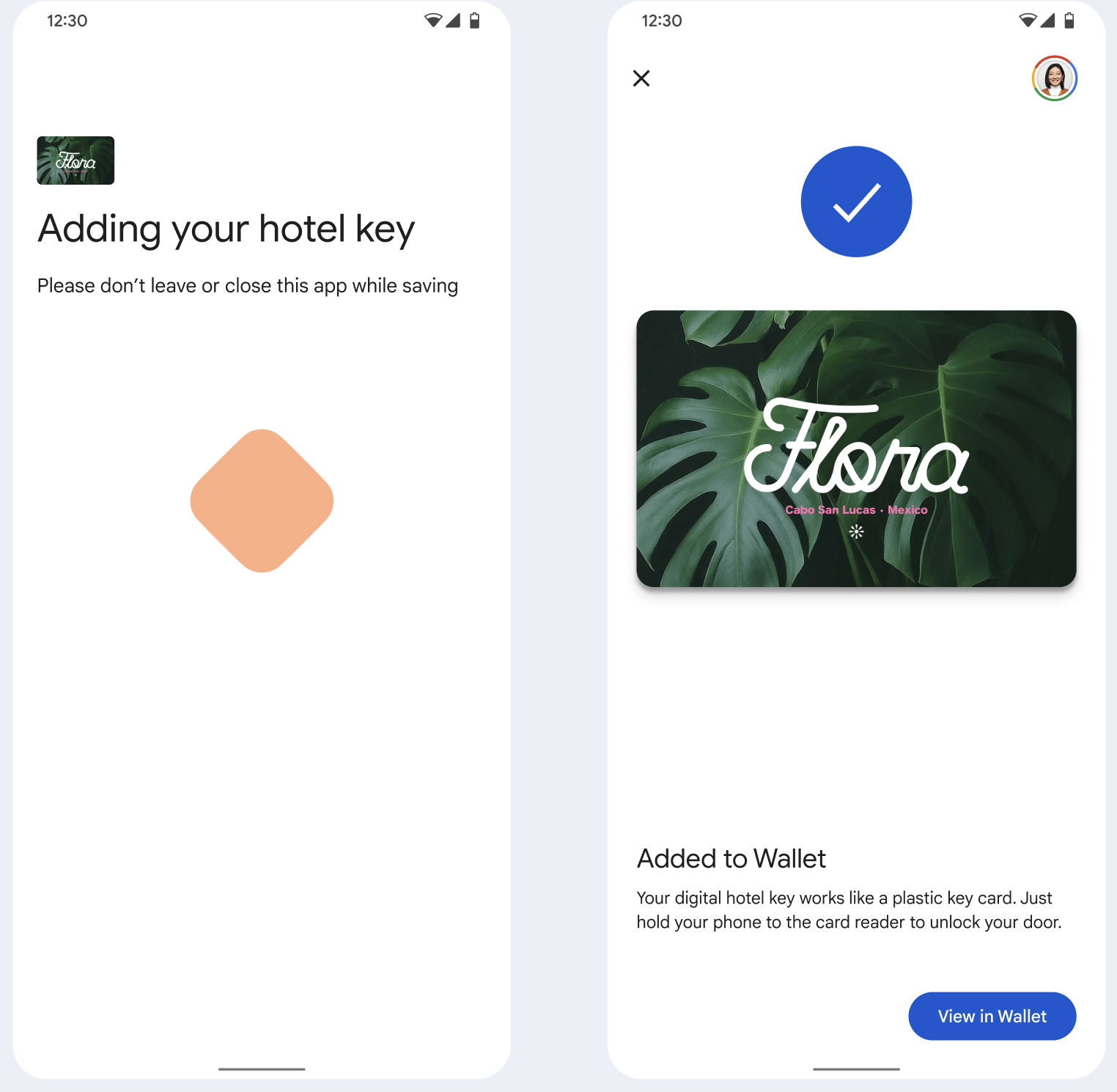 Na primeira tela, o app salva o ID no smartphone do usuário. Em
            na segunda tela, o ID é salvo e aparece uma mensagem de êxito.