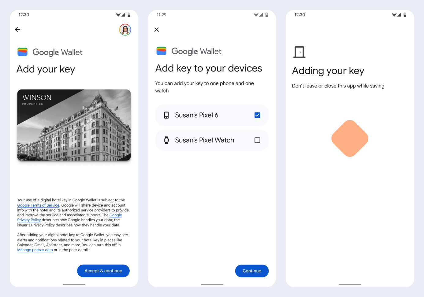En la primera pantalla, la app se conecta a la Billetera de Google. En la segunda pantalla, el usuario acepta las Condiciones del Servicio y continúa.
