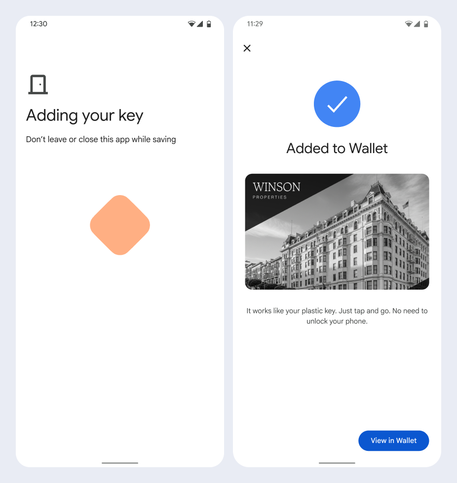 Sur le premier écran, l&#39;application enregistre l&#39;ID sur le téléphone de l&#39;utilisateur. Sur le deuxième écran, un message de confirmation indiquant que l&#39;identifiant est bien enregistré s&#39;affiche.