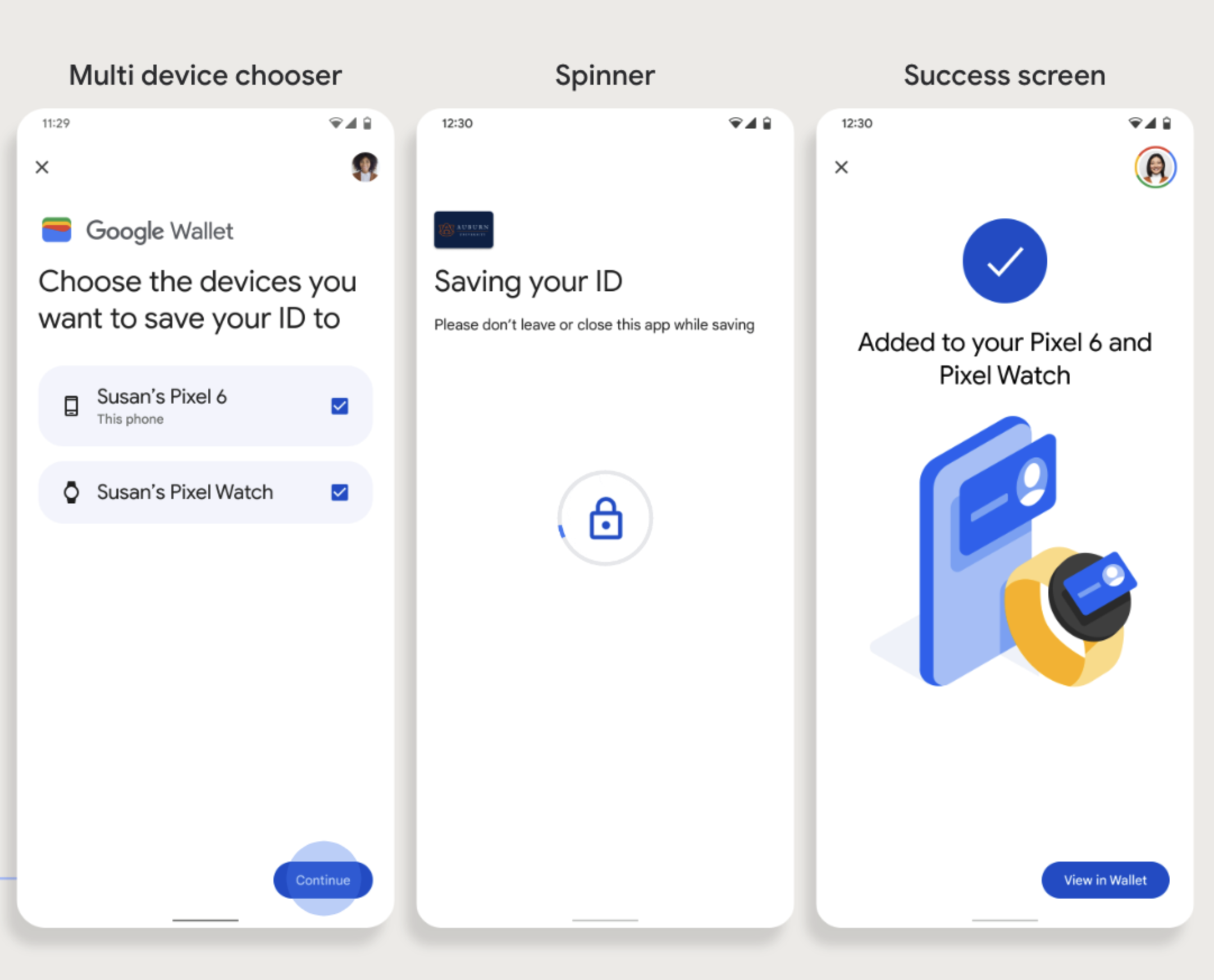 ウェアラブル対応のプロビジョニング フローの UX モックアップ。