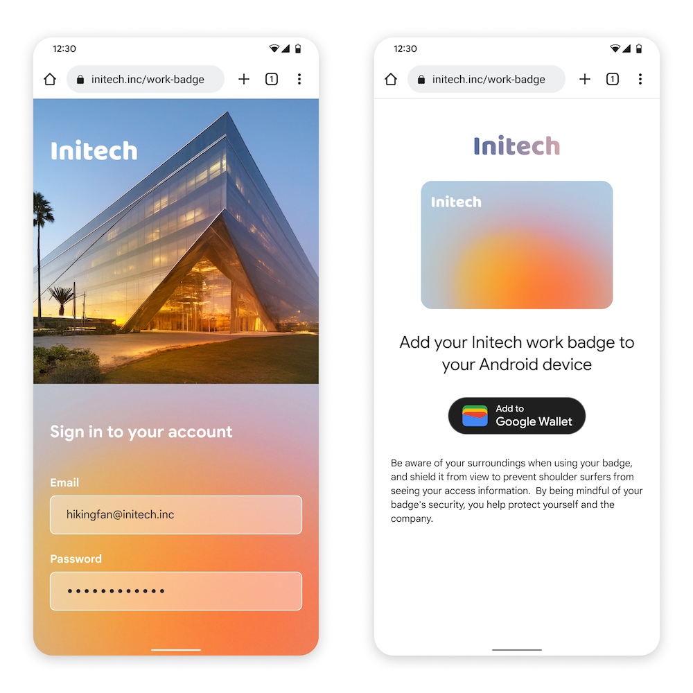 最初の画面では、ユーザーがウェブサイトにログインします。2 つ目の画面で、ユーザーは [Google ウォレットに追加] ボタンを表示して選択します。