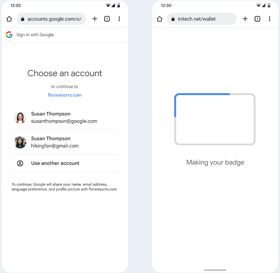 Sur le premier écran, l&#39;utilisateur choisit un compte Google à associer.
      leur badge professionnel. Sur le deuxième écran, l&#39;utilisateur voit
      l&#39;écran de chargement.