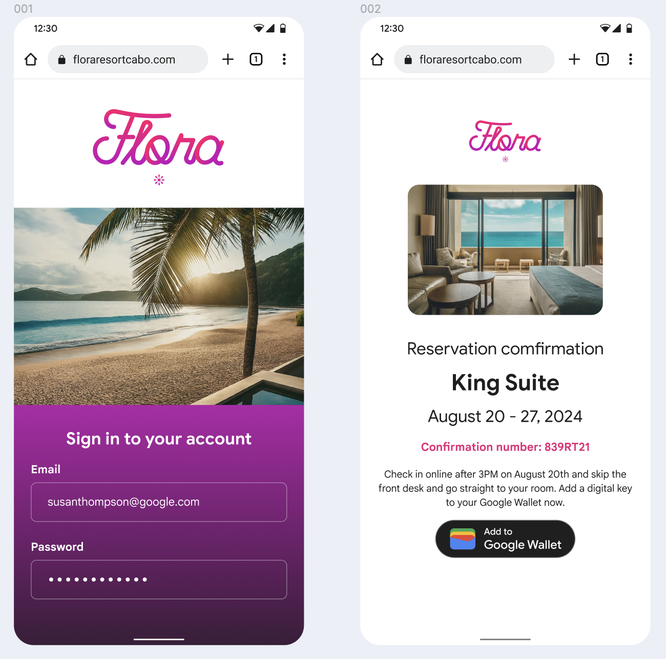 Sur le premier écran, l'utilisateur se connecte au site Web. Sur le deuxième écran, l'utilisateur voit et sélectionne le bouton "Ajouter à Google Wallet".