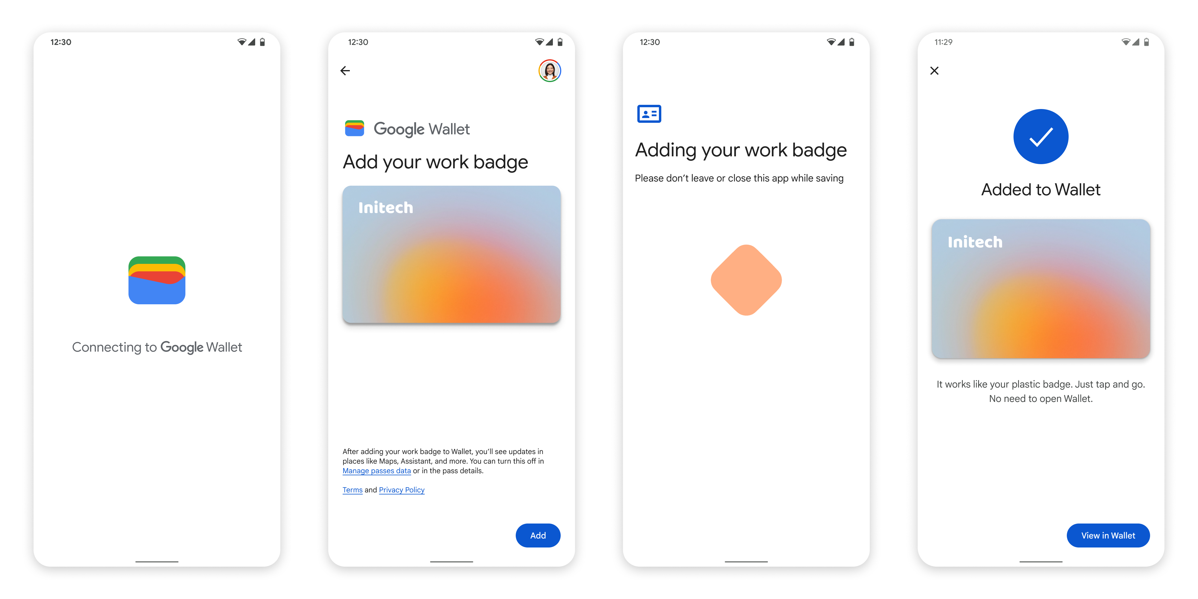 Trong màn hình đầu tiên, người dùng sẽ thấy màn hình tải trong Google Wallet. Trong màn hình thứ hai, người dùng sẽ thấy các điều khoản và điều kiện. Ở màn hình thứ ba, người dùng sẽ thấy một màn hình tải khác. Ở màn hình thứ tư, người dùng sẽ thấy màn hình thành công.