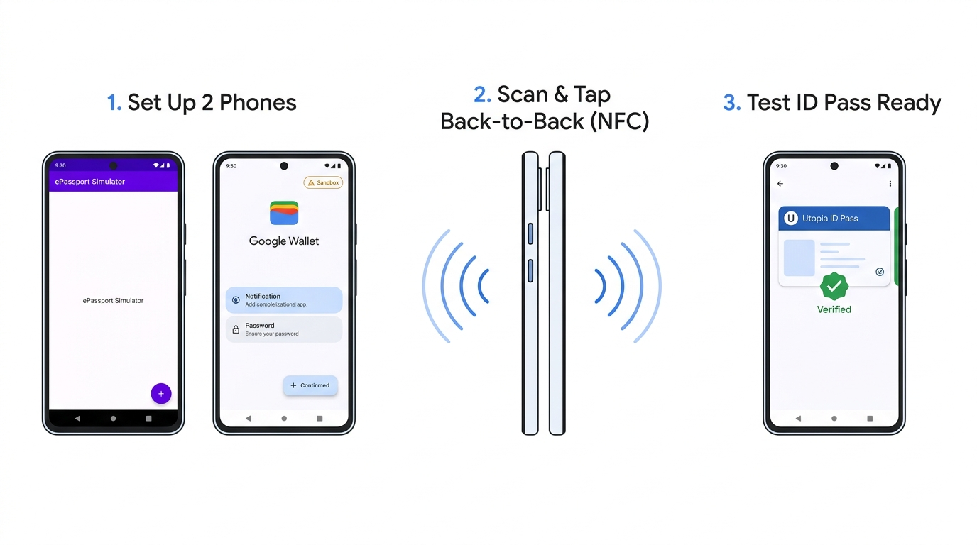 Processo de três etapas usando dois smartphones Android com NFC para adicionar um passe de identificação de teste da Utopia à Carteira do Google